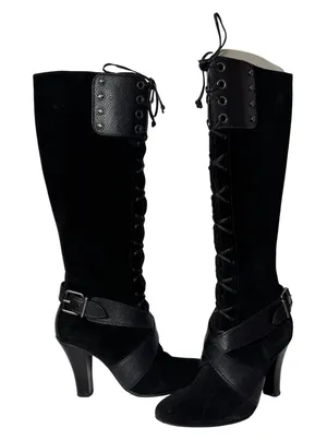 Cole Haan Vtg Y2K Black‎ Suede Faux Leather Strap Zip Tall Boot Heel Womens 6 thumbnail 1