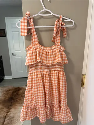 Molly Green Orange & White Gingham Gameday Tiered Ruffle Mini Dress Small $78 thumbnail 6