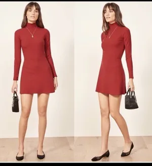 Reformation Jeans Maya Cherry Red Ribbed Turtleneck Mini Dress Long Sleeves XS thumbnail 2