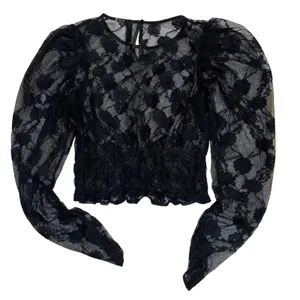 H&M Black Lace Puff Sleeve Top Sheer Romantic Coquette Going Out Blouse thumbnail 2