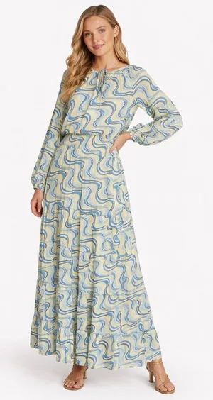 Skemo Blue‎ Yellow Long Dress Beaded Ruffle Hem Small Maxi Tiered Boho Abstract thumbnail 1