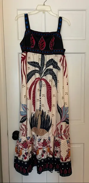 Women’s Cream Maxi Dress with Navy & Red Floral Tropical Boho Print thumbnail 1