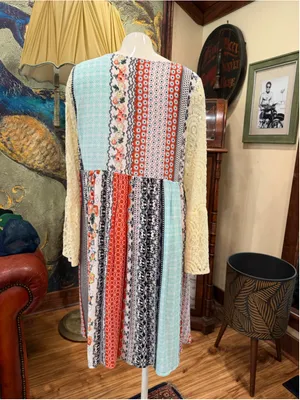 Kori America Patchwork Boho Dress Lace Sleeve Floral Mix Print V-Neck Sz L S7003 thumbnail 6