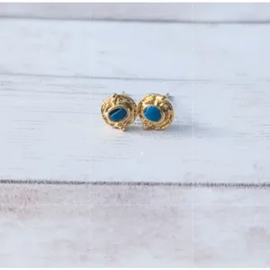 Vintage Stud Earrings 0.25" Dainty Gold Tone Halo Blue Center - Fair Condition thumbnail 2