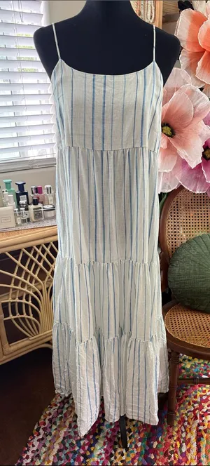 Madewell Cami Pale Parchment Stripe Linen Boho Preppy Nantucket Midi Dress thumbnail 1