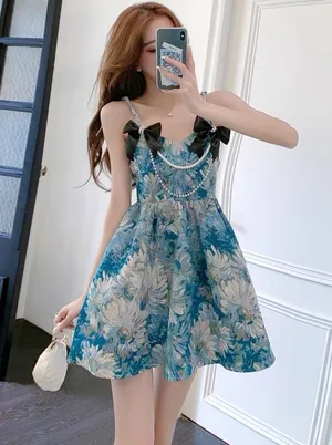 Blue White Floral Jacquard Mini Dress Square Neck Bow Pearl（only ONE‼️ BOW) thumbnail 1