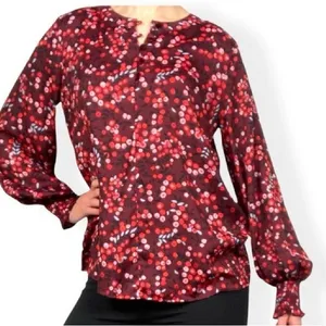 LOFT Blouse Top Velvet Buttons Red & Pink Floral with‎ Cuffed Sleeves Small thumbnail 2