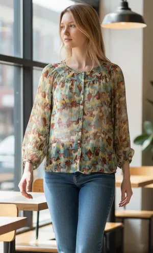 Sundance 100% Silk Deer Print Button Up Blouse Top‎ Blue Size XS Boho Western thumbnail 1