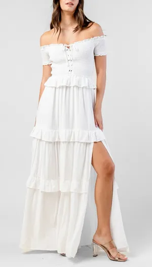 Beivy Off-Shoulder White Ruffle Maxi Dress Size Medium thumbnail 1