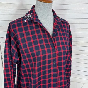 Zara Plaid Beaded Collar Oversized Pullover‎ Tunic Shirt Dress Red Blue XS thumbnail 8