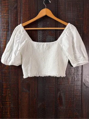 American Eagle Cotton Linen White Puff Sleeve Smocked Crop Top - M thumbnail 9