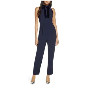 1901 Women's Velvet Trim Halter Jumpsuit with Bow Dark Blue‎ Size 8 Ultrachic thumbnail 2