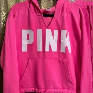 PINK Victorias Secret Cinched Crop Hoodie‎ & Sweatpants Atomic Pink Set L/XL thumbnail 3
