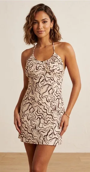 Abercrombie & Fitch Cream Halter Dress with Dark Brown Abstract Swirl - Small thumbnail 1