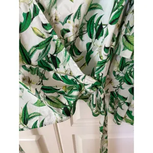 Boston Proper Floral Leaf Print Tiered Ruffle Sleeve Wrap Top Green White S thumbnail 5