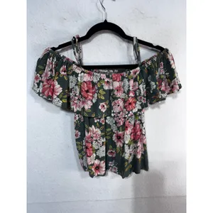 Billabong Green Floral Off-the-Shoulder Ruffle Top Small Boho Tropical Tourist thumbnail 4