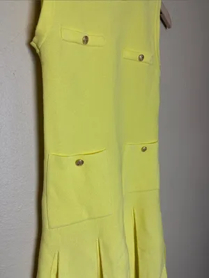 ZARA YELLOW PLEATED MINI KNIT DRESS WITH GOLD BUTTON DETAILS Size XS thumbnail 4
