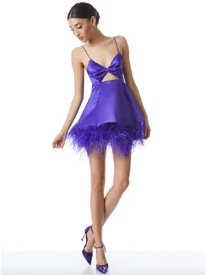 Alice + Olivia Necole Cutout Feather Hem Mini Dress Purple Womens 6 thumbnail 3