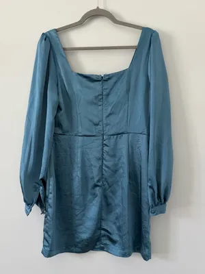 Lulu’s Got The Love Slate Blue Satin Square Neck Mini Long Sleeve Dress Medium thumbnail 6