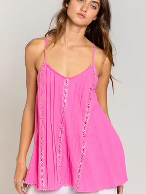 NEW POL Cotton Gauze Lace Trim Floral Cami Tank Candy Pink Flowy A-Line Small thumbnail 1