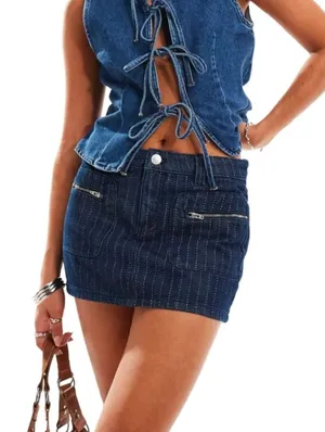 Mango Stripe Mini Denim Skirt In Dark Blue Size 6 thumbnail 1