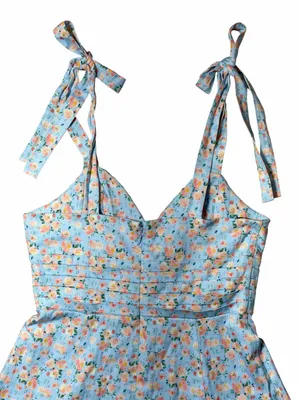 Lavish Lice Blue Floral Pleated Tie Strap Cotton Blend Midi Dress Womens 12 thumbnail 6