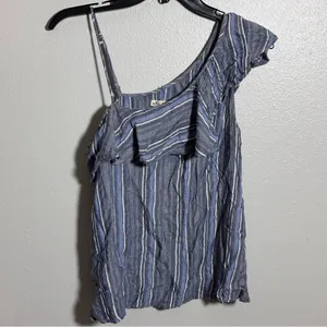 Hollister Women Blue Striped One-Shoulder‎ Blouse Ruffle size S thumbnail 2