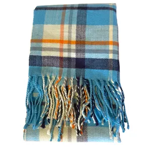 Cashmere Blue Plaid Fringe Scarf Made in Scotland 66 x 11.5 thumbnail 1