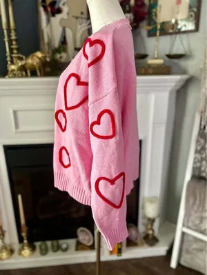 Pink Cardigan with Red Hearts NWT Women’s Size Large thumbnail 4