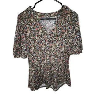 Unbranded Floral Patterned Short Sleeve Flowy Blouse Brown Size M thumbnail 1