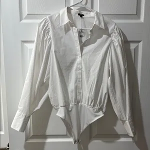 Express White Puff Sleeve Button Down Top with Notched Collar thumbnail 1