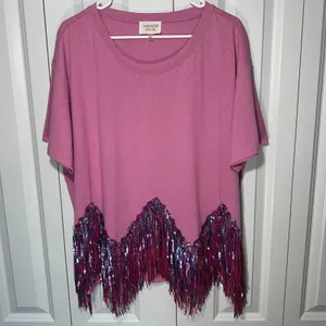 Fantastic Fawn Sequin Fringe Top L Pink Cotton Festival Concert Western Eras thumbnail 2