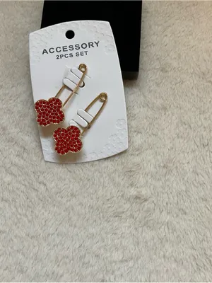 Appleseed's Gold Safety Pin Earrings with Red Clover Charms thumbnail 2