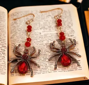 Spider Design With Red Faux Zircon Inlaid Dangle‎ Earrings Retro Goth Style thumbnail 1