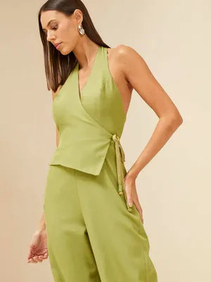 Forum AMC Textil Sleeveless Green Halter Wrap Jumpsuit Brazil Brand Size XS thumbnail 2