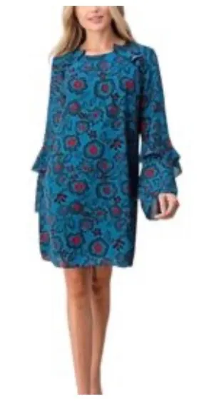Hashttag in Trend Floral Shift Dress Womens S Teal Blue Ruffle‎ Bell Sleeve Mini thumbnail 1