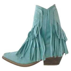 Free People Lawless Fringe Blue Suede Pointed Toe Zip Western Boots Booties Sz 6 thumbnail 1