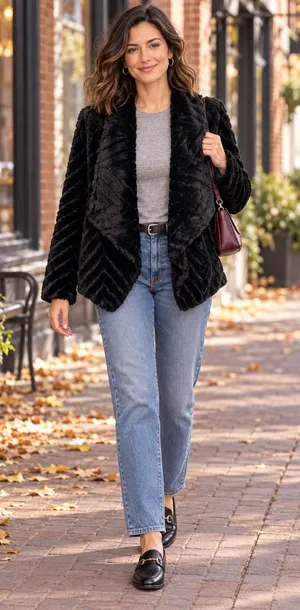 Nina Leonard Black Faux Fur Chevron Bolero Jacket Size M Satin Lined Luxury Glam thumbnail 1