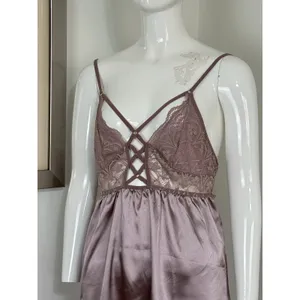 Women's Satin Chemise Nightgown Lace Lattice Strappy Slip Dress Mauve Size M thumbnail 4