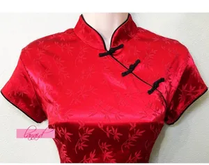 Asian Chinese Oriental Japanese Red Satin Stretchy Mandarin Short Sleeve Dress S thumbnail 9