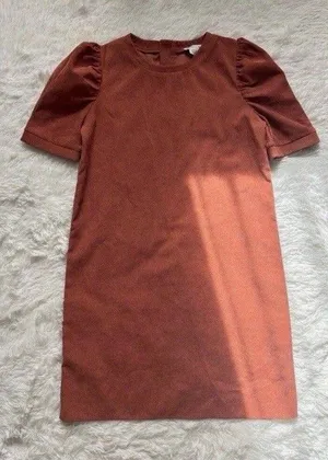 Molly Bracken XS Corduroy Shift Dress Brown Puff Sleeve Mini Retro Fall thumbnail 1