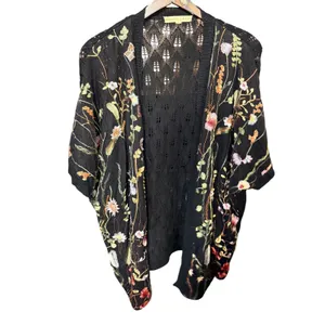 Mesh + Lace Black Floral Embroidered Pointelle Knit Kimono Cardigan Large S3281M thumbnail 12