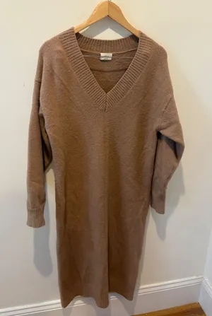 Wilfred Aritzia Brown V-Neck Wool Cashmere Blend Midi Sweater Dress Small thumbnail 1