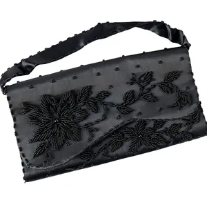 Vintage Walborg Richere Hand Beaded Evening Bag Purse Black Clutch Satin Glam thumbnail 1