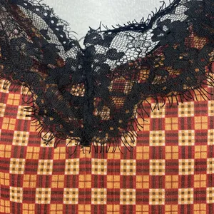 Zara Tank red gold check pattern black lace Spaghetti Tank women sz L thumbnail 2