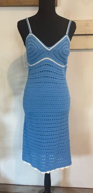Blue Crochet Midi Dress with White Trim thumbnail 1