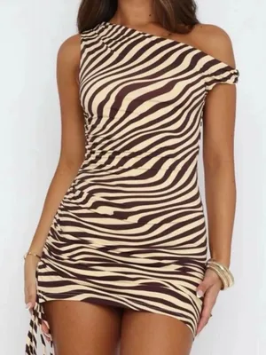 White Fox One-Shoulder Zebra Stripe Mini Dress in Cream and Brown thumbnail 1