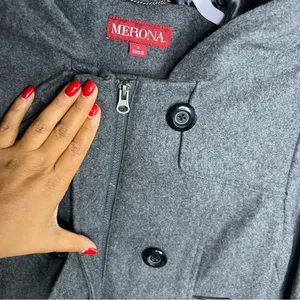 Merona Gray‎ Wool Blend Button & Zip Front Hooded Pea Coat thumbnail 8