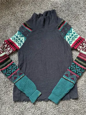 Free People Charcoal Turtleneck Sweater with Teal & Burgundy Patterned Sleeves thumbnail 1