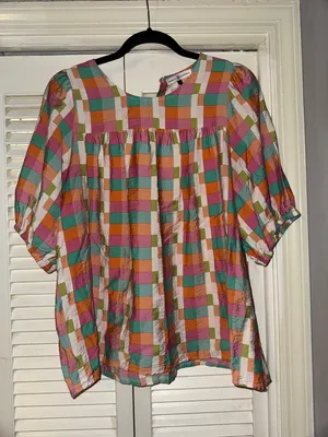 Checked Puff-Sleeve Blouse in Pink, Orange & Teal - Women thumbnail 1